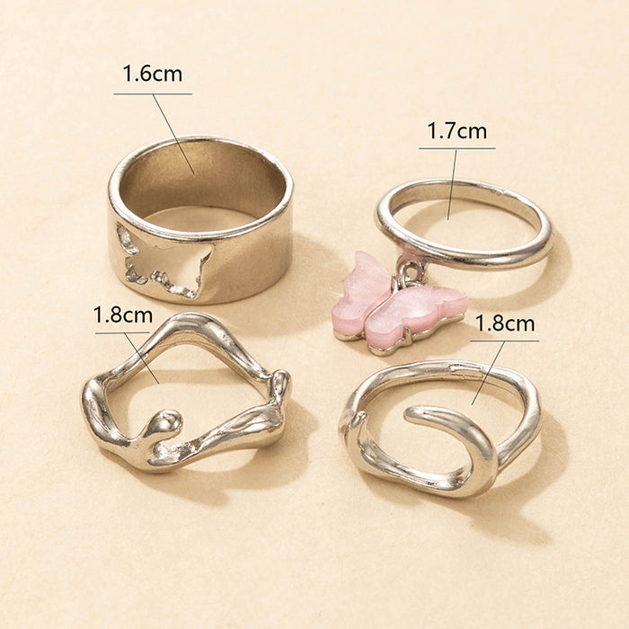 Acrylic Hollow Pink Butterfly Geometric 4-piece Ring Set