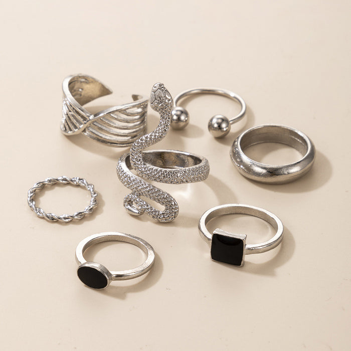 Vintage Black Oil Drop Snake Zodiac 7-Piece Ring Set