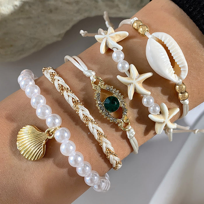 Bohemian Starfish and Shell Bracelet Set – Five-Piece Layered Jewelry