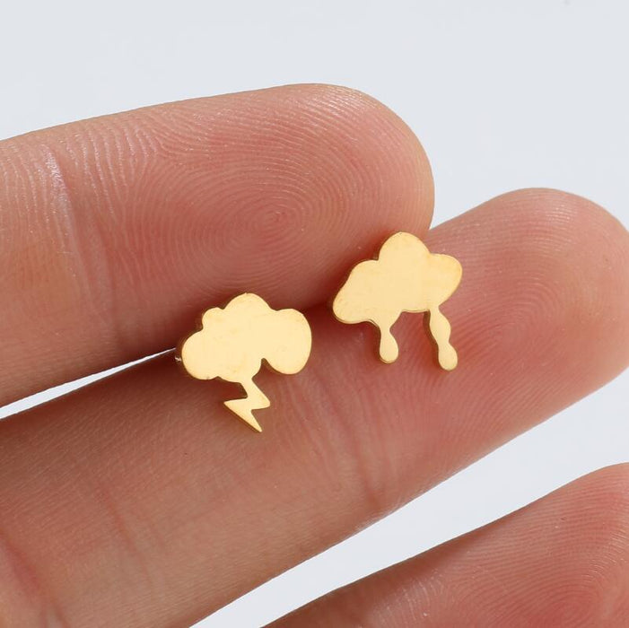 Cloud and Lightning Stainless Steel Stud Earrings - Asymmetric Weather-Themed Jewelry