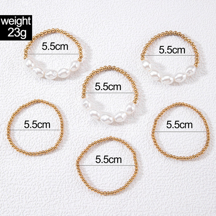 Minimalist Geometric Pearl Bracelet Set - Six-Piece Metal Bangle Stack