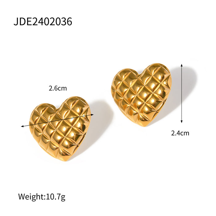 18K Gold Stainless Steel Quilted Heart Earrings - Titanium Steel Non-Fading Grid Design