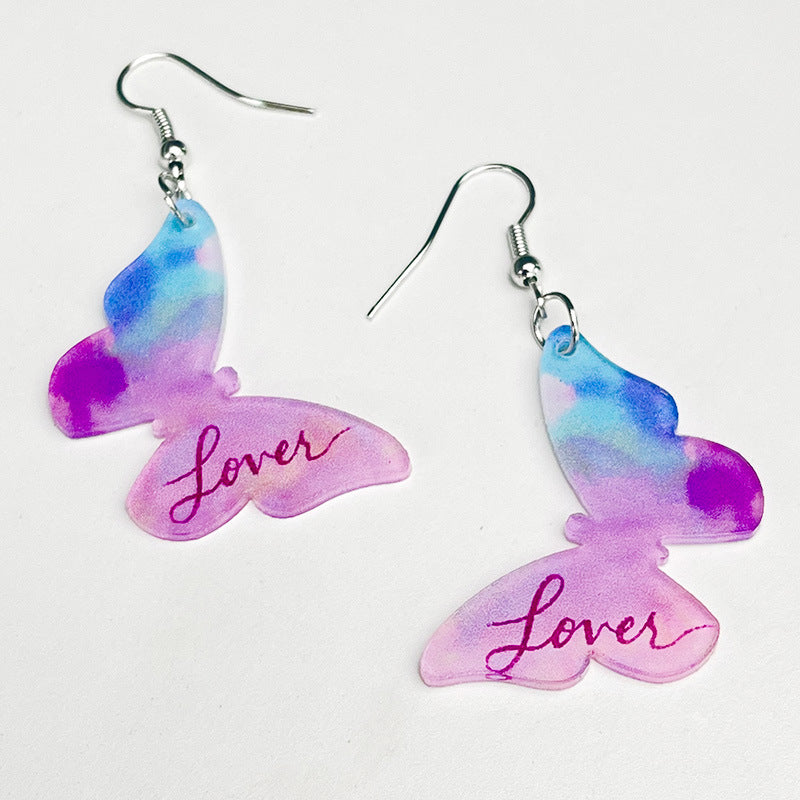 Valentine's Day lover shiny pink butterfly heart transparent acrylic earrings - wallojewerly 