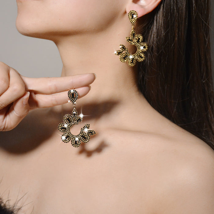 Symmetrical Floral Black Rhinestone Earrings - Elegant Statement Jewelry for Women