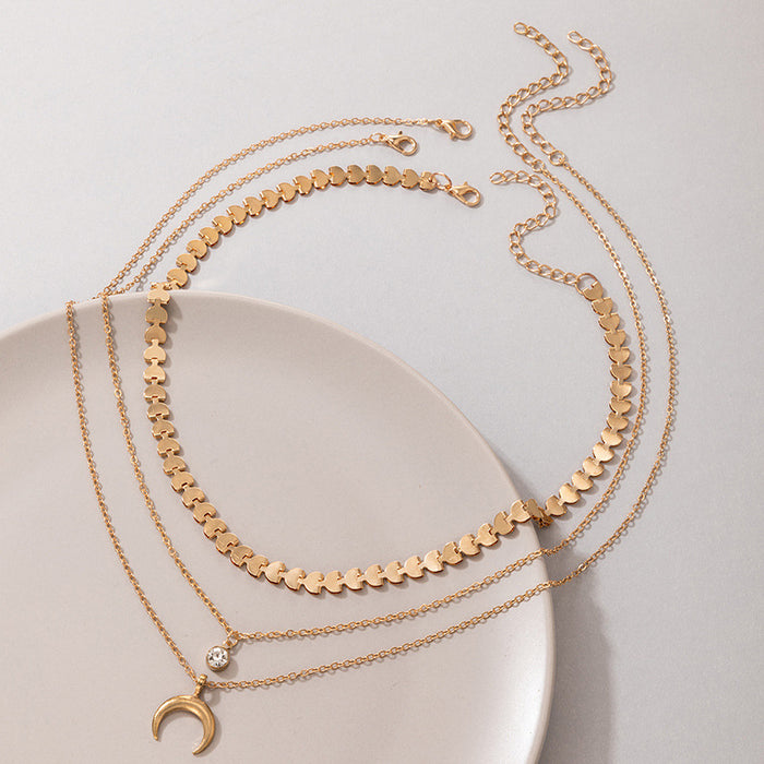 Triple Layered Moon Pendant Necklace - Gold Chain with Dainty Charms