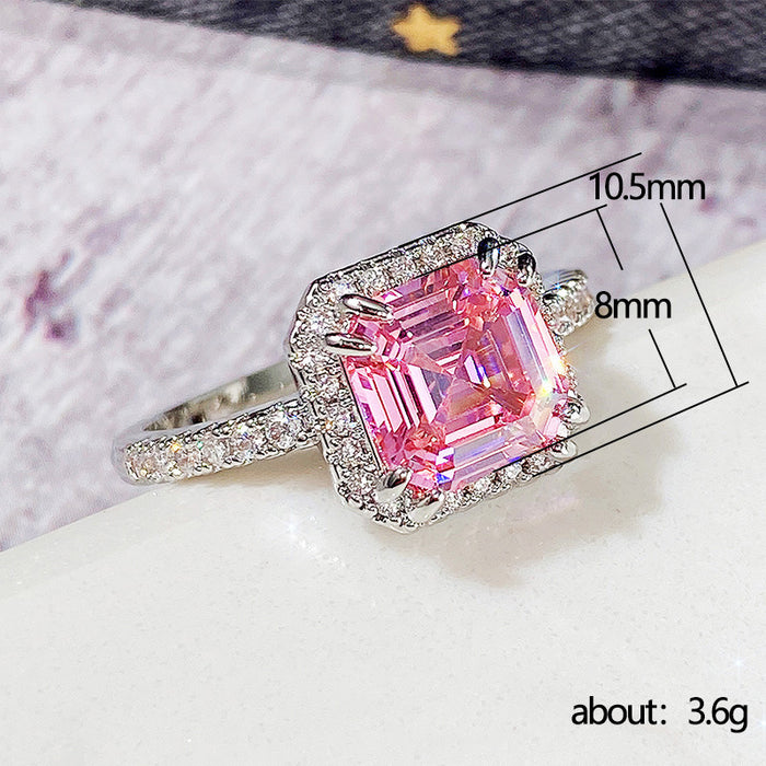 Square pink diamond princess ring micro-studded diamond women's ring