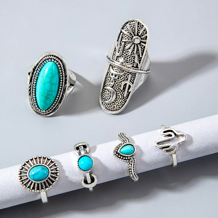 Bohemian Turquoise Cactus Ring Set - 6pcs Vintage Moon Rings