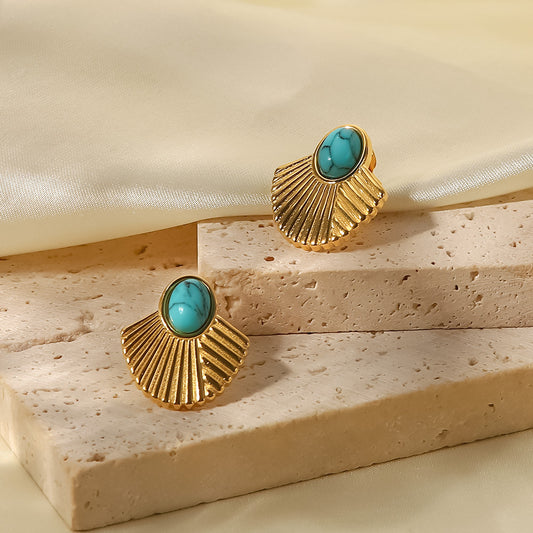 French Style 18K Gold Plated Stainless Steel Green Turquoise Fan Earrings - Vintage Design