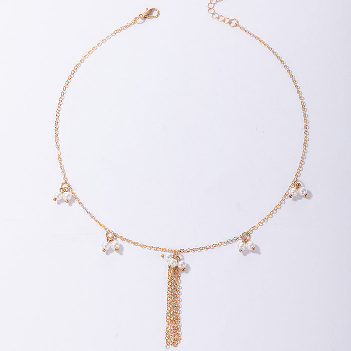 Simple Fashion OL Pearl Tassel Necklace with Beaded Irregular Clavicle Chain