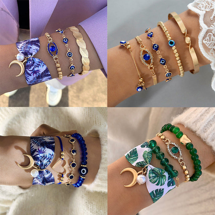 Juego de pulseras de diamantes de imitación con diseño de ojo malvado bohemio: colgante étnico de media luna, joyería de tela