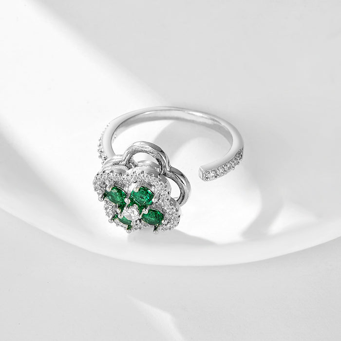 Wholesale copper micro-set green zircon four-leaf clover rotating ring