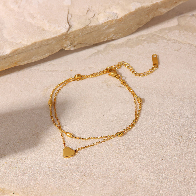 18K Gold Plated Titanium Steel Heart Pendant Anklet - Double Layer Oval Bead Chain Jewelry for Women