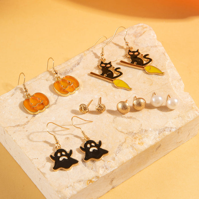 Juego de pendientes con forma de gato y calabaza divertidos de Halloween con gotas de aceite oscuro y cara de fantasma para mujer