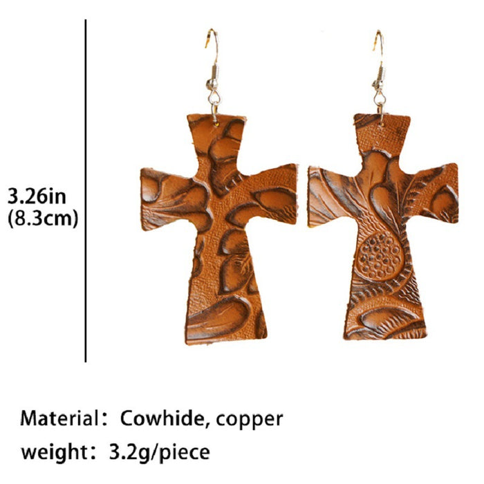 Vintage Embossed Leather Cross Earrings with Western Religious Style