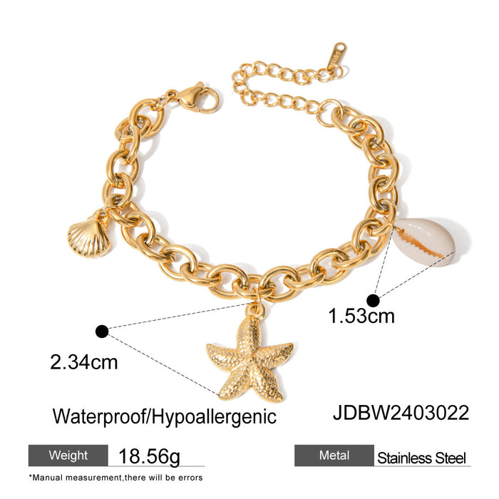 18K Gold Plated Stainless Steel Starfish, Shell, and Conch Bracelet - 2024 Summer Ocean Series Jewelry