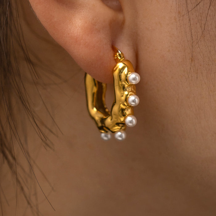 Pendientes de oro de 18 quilates con textura irregular y ondulada de tendencia europea: joyas de perlas geométricas mate para mujer