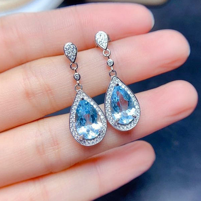 Colored Treasure Water Drop Sea Blue Zircon Earrings Mother's Day Gift