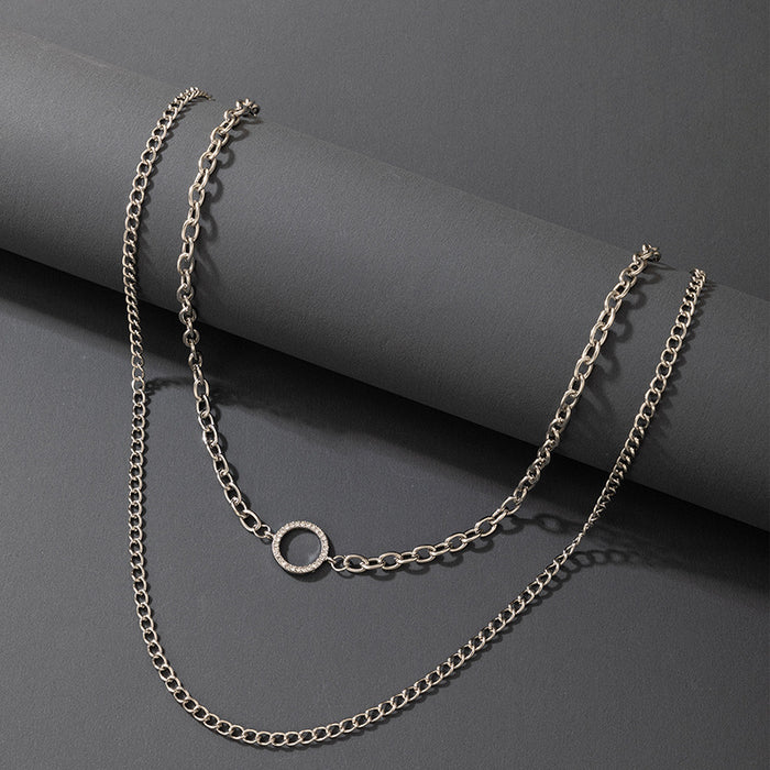 Ins Cool Metal Style Hollow Round Ring Necklace with Simple Punk Silver Chain Double-Layer Design