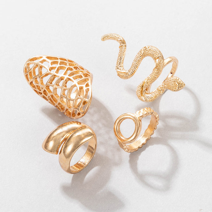 Anillo punk dorado de 4 piezas estilo étnico con forma de serpiente hueca