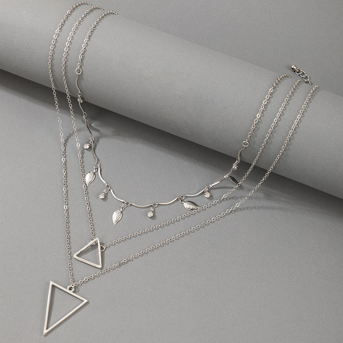 Simple Triangle Hollow Triple-Layer Necklace - Rhinestone Leaf Multilayer Choker