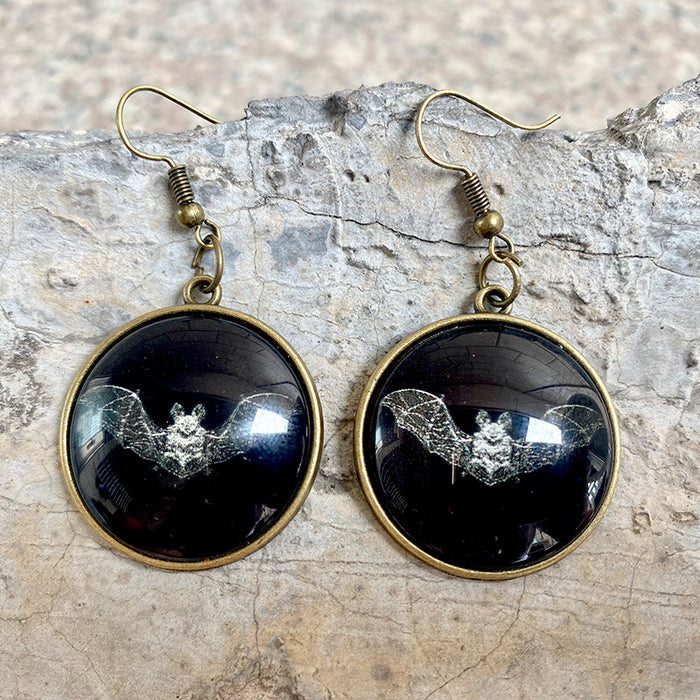 Vintage Glass Earrings with Crow, Black Cat, and Skull for Halloween