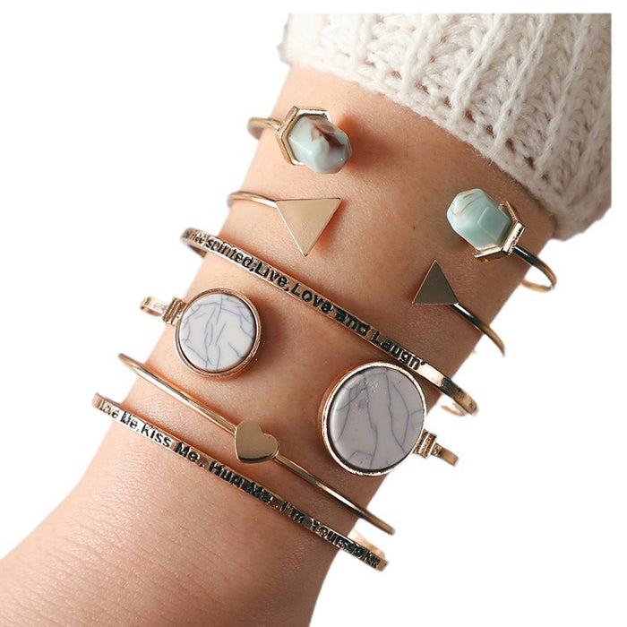 Marble Heart and Geometric Bracelet Set - Fashionable Multi-Layer Jewelry