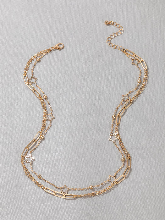 Gold Star Hollow Double Layer Necklace with Small Bead Chain and Alloy Multi-Layer Design