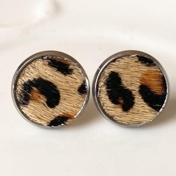 Simple Leopard and Cow Print Leather Stud Earrings with Bohemian Style