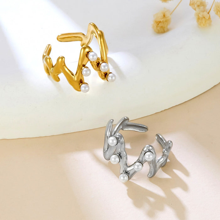 Wholesale stainless steel and titanium steel irregular line pearl-set couple rings