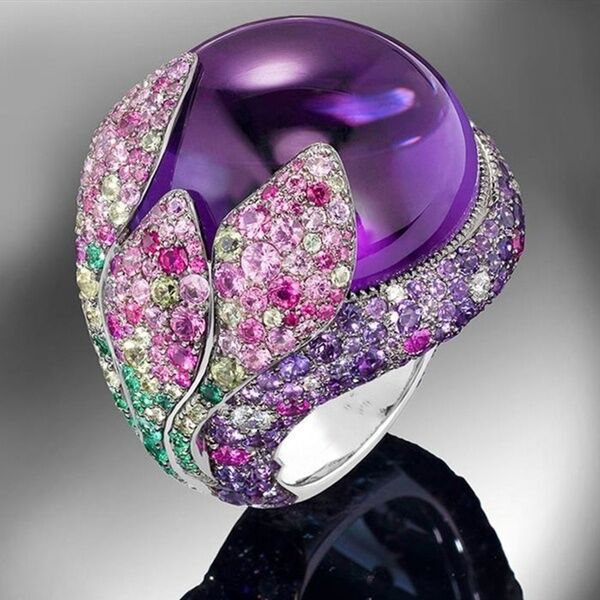 Retro exaggerated petal ring alloy colored diamond inlaid ring