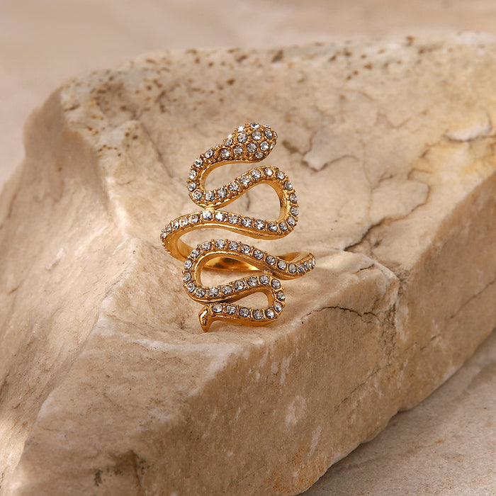 Exaggerated Snake-Shaped Ring with Zircon Inlay - Trendy and Tarnish-Resistant