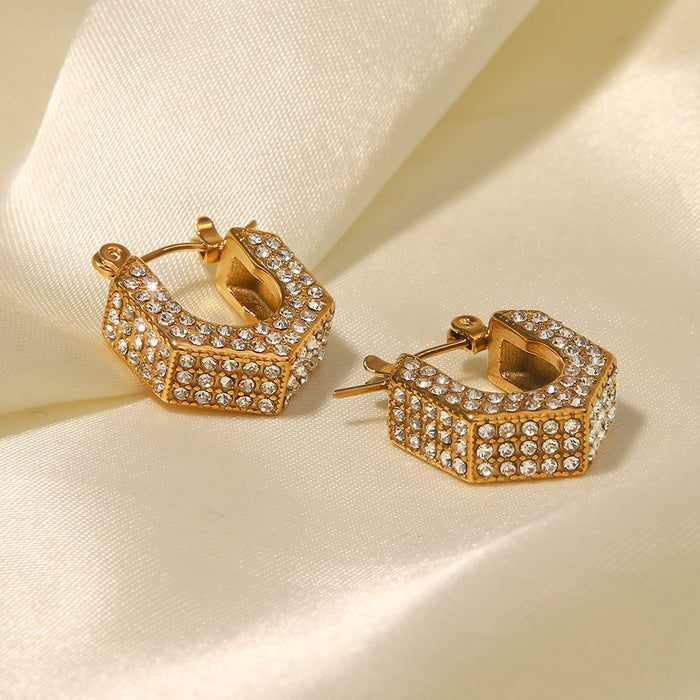 French Style 18K Gold Geometric White Zircon Earrings - High-End Hollow Titanium Steel Earrings