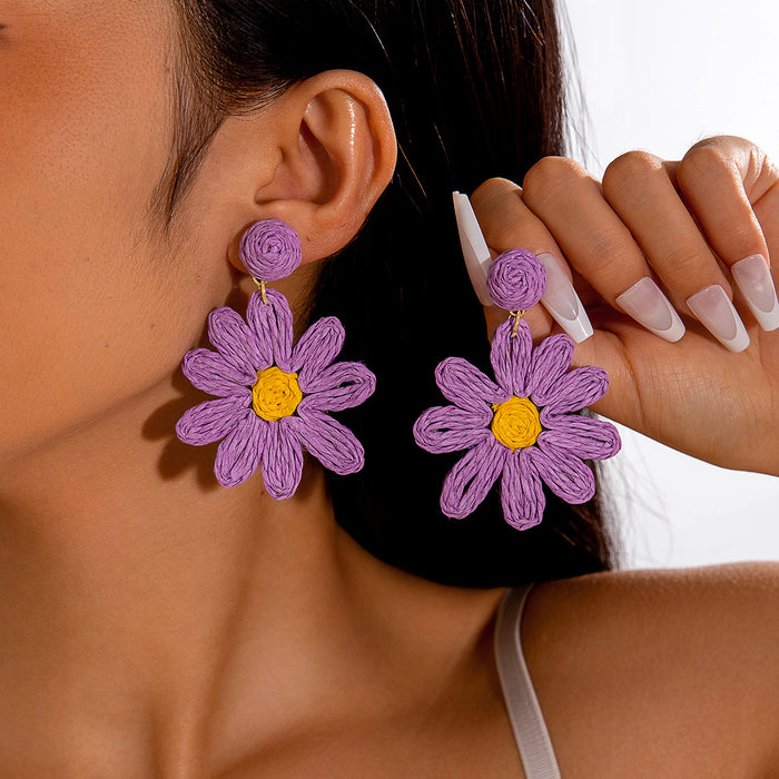 Bohemian woven raffia large flower holiday style earrings