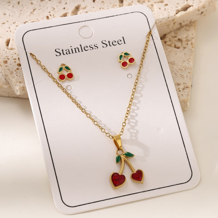 Conjunto de aretes de cadena de clavícula con colgante de cereza de oro de 18 quilates de acero inoxidable al por mayor
