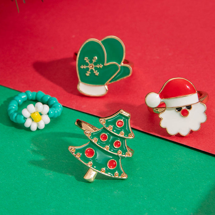 Christmas Enamel Ring Set - Cute Tree, Gloves, and Santa Four-Piece Set for Women