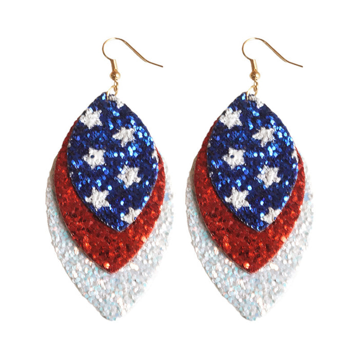 Independence Day American Flag Leather Earrings with Feather and Mesh Design