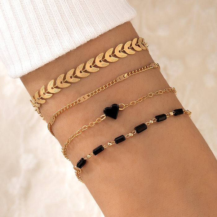 Bohemian Black Heart and Geometric Chain Bracelet Set – Ins-Style Women’s Jewelry