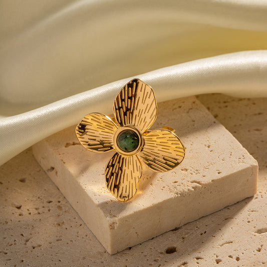 French Palace Style Matte Four-Petal Flower Ring with African Turquoise Inlay - Exquisite Open Design