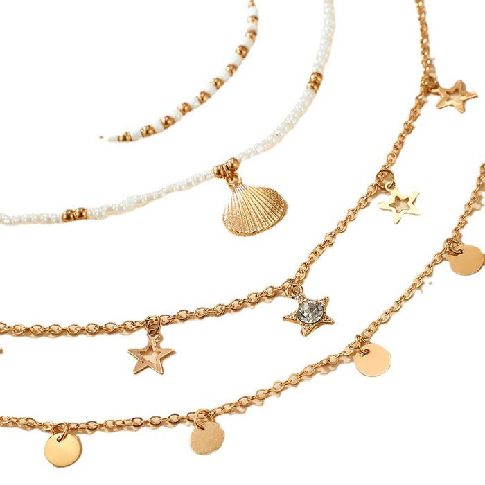 Bohemian Bead Star Round Pendant Anklet Four-Piece Set with Pearl Shell Anklet