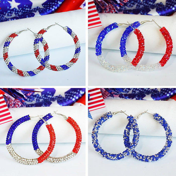 Independence Day Hoop Earrings with Sparkling Rhinestones in Patriotic Colors