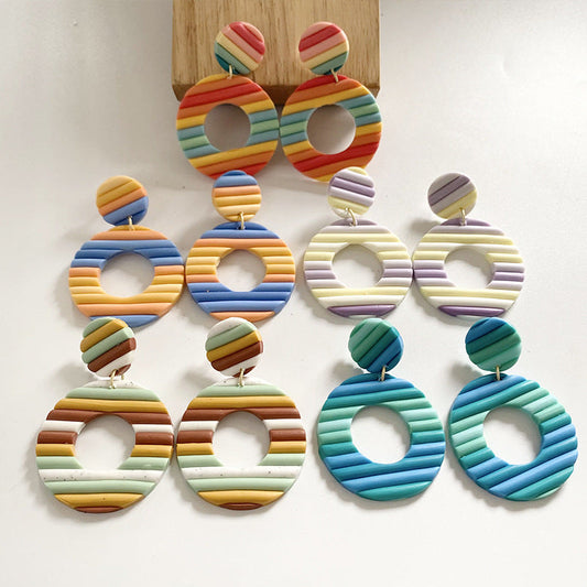 Handmade Rainbow Stripe Clay Earrings - Multicolor Geometric Hoop Design