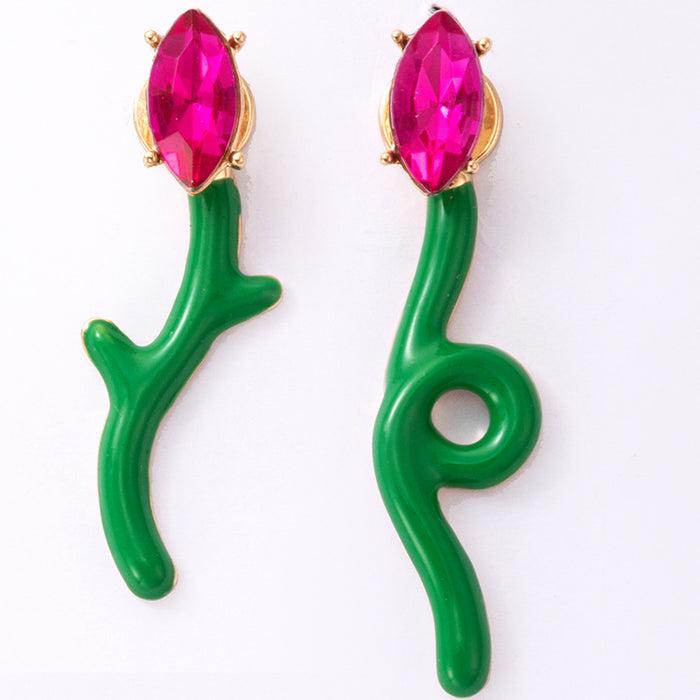 Pink diamond floral geometric irregular personality earrings