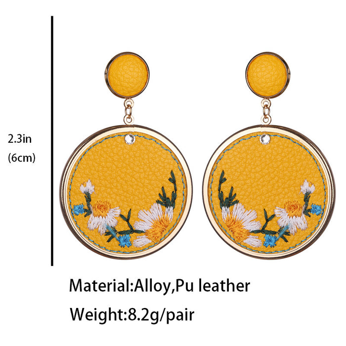 Leather Embroidered Floral Earrings with Vintage and Elegant Style - wallojewerly 