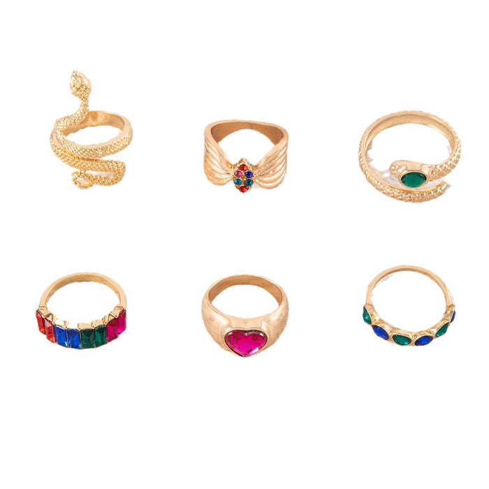 Creative Snake Heart Gemstone Ring Set - 6pcs Colorful Crystal Rings