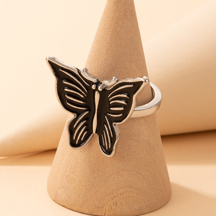 Dark style black oil drop butterfly ring single ring geometric animal design