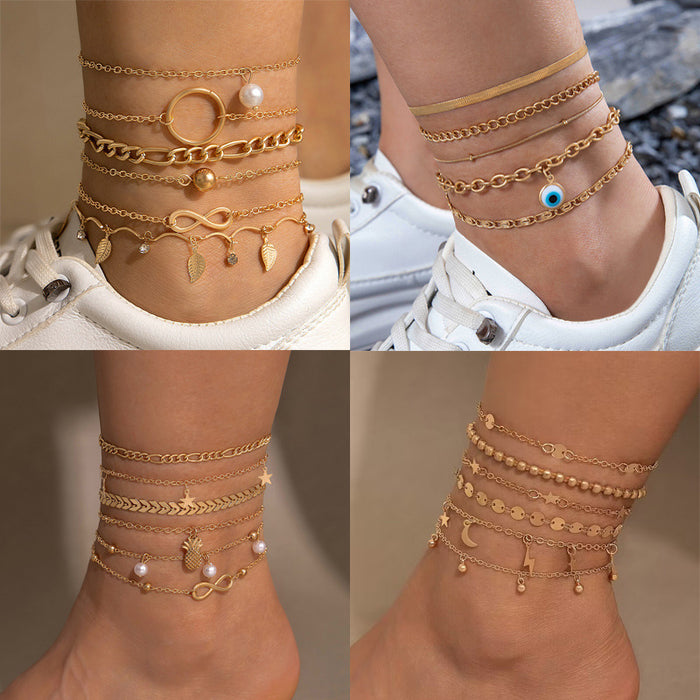 Trendy Rhinestone Heart Anklet Set – Multi-Layer Chains for a Boho Look