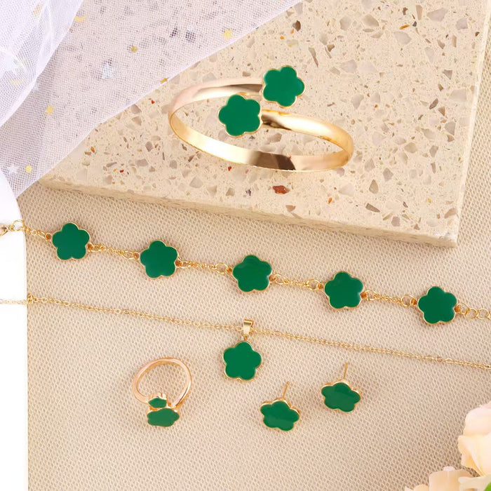 Wholesale 5-piece set of five-petal flower necklace, bracelet, bangle, earrings, and ring - wallojewerly 