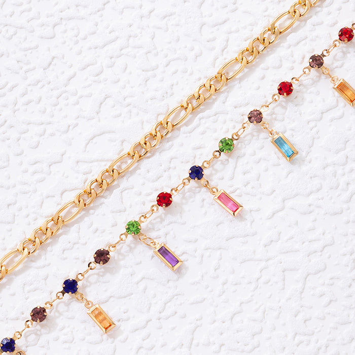 Colorful Rhinestone Double Layer Anklet with Geometric Multi-Layer Chain