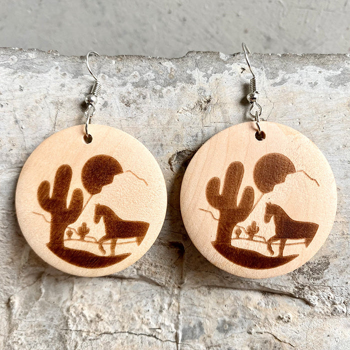 Wooden cactus horse earrings