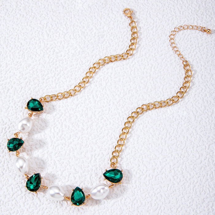 Baroque Pearl Necklace with Emerald Gemstone Inlay - Geometric Water Drop Pendant for Women